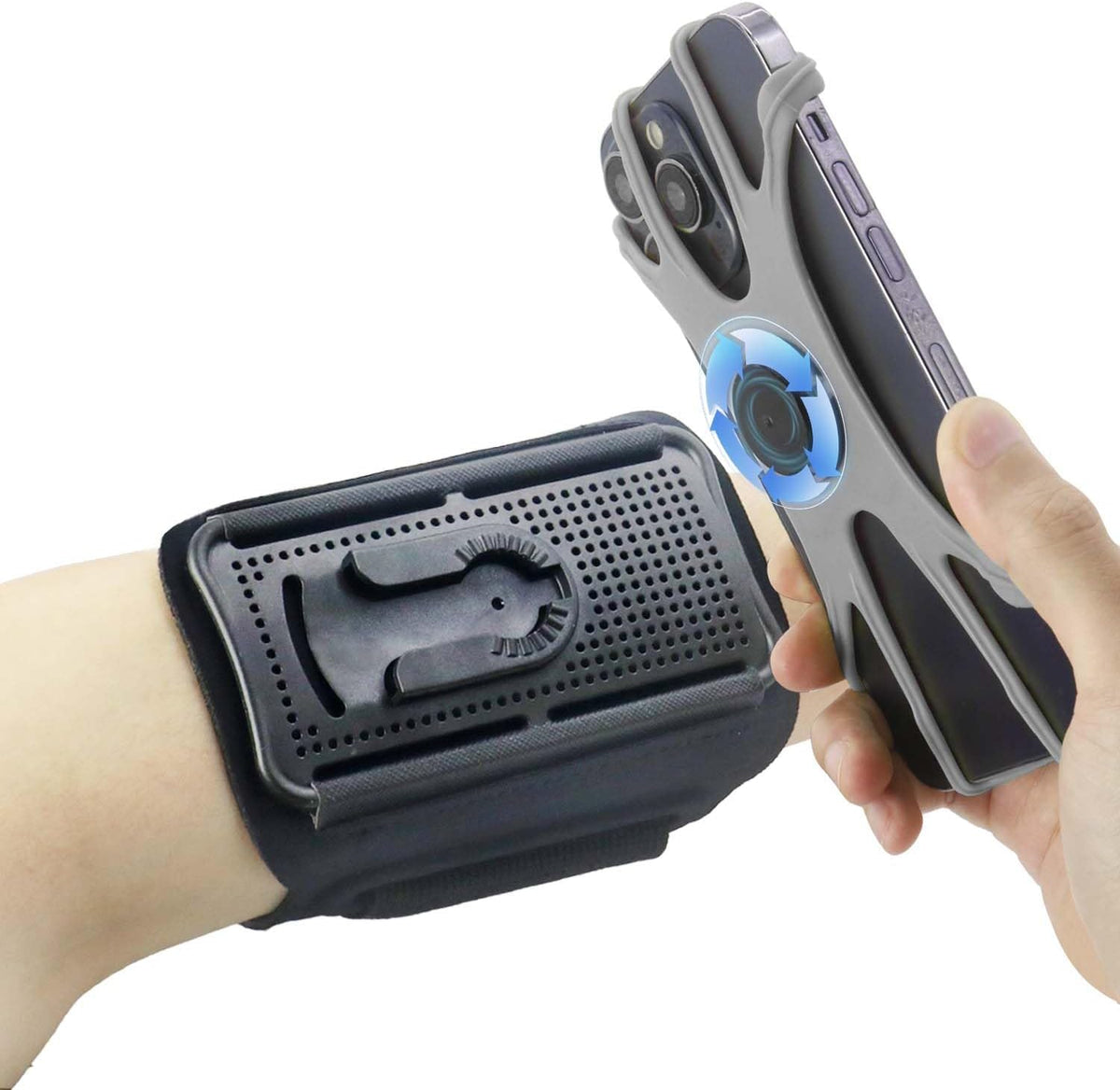 Wristband Phone Holder for Running, 360°Rotation & Detachable Sports Armband with Key Holder for iPhone 16/15/14/13/12/Pro/Pro Max/XS/XR/X/8/7/6/Plus, Fits 4.5-7 Inch Smartphones (Grey)