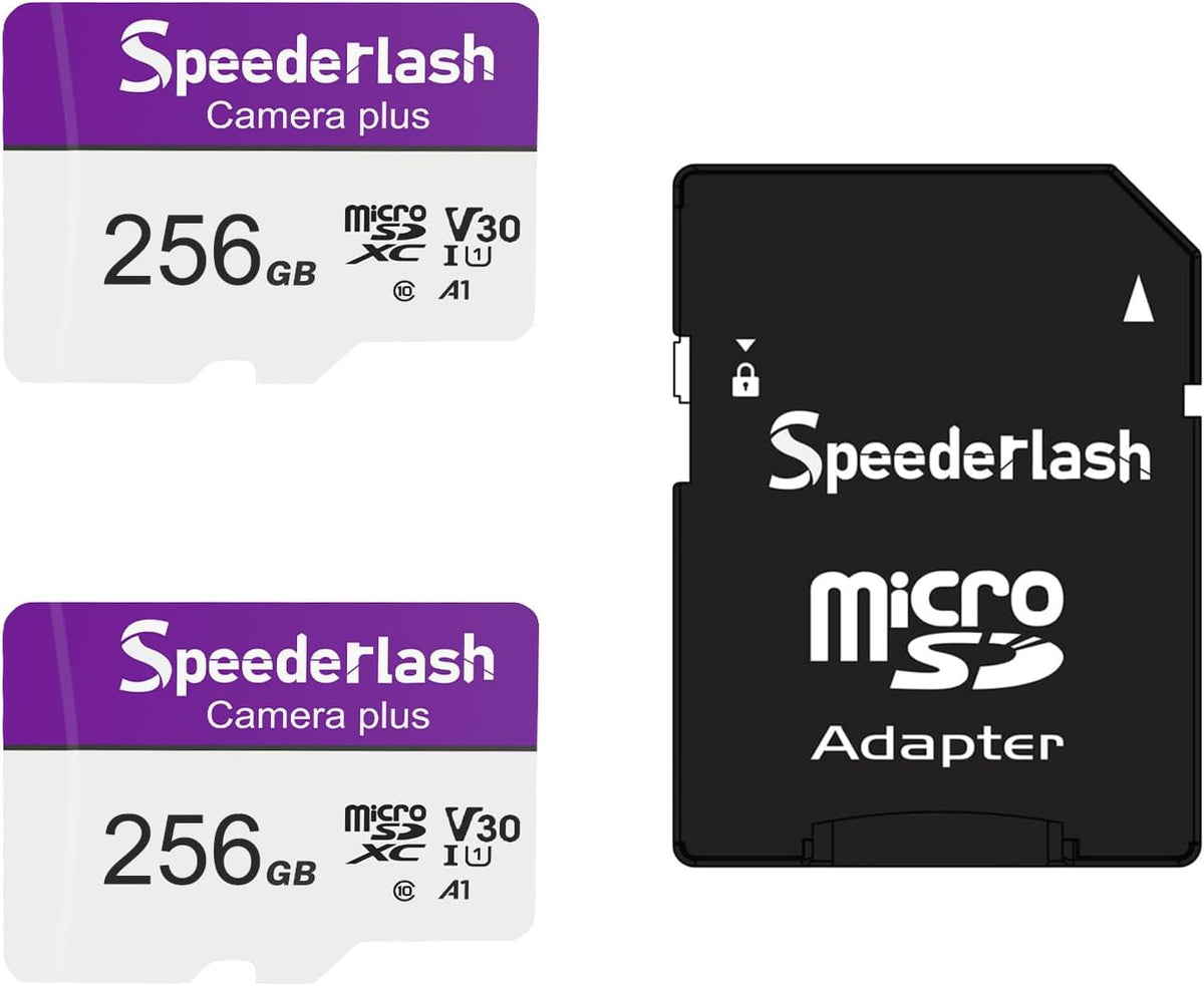 Micro SDXC Memory Card 256GB 2 Pack, Speederlash Camera Plus TF Card with Adapter, Up to 100MB/s Read Speed, 4K UHD&5K Video Support, U1 V30 A1 Rated, Waterproof, for Security Camera, Dashcam, Drones