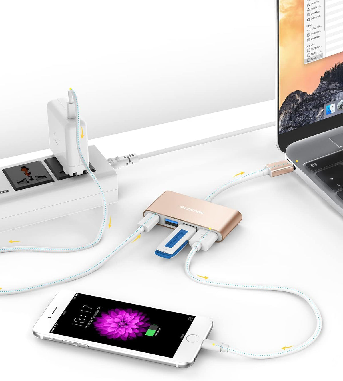 LENTION 4-in-1 USB-C Hub with Type C, USB 3.0, USB 2.0 for 2024-2016 MacBook Pro (M1-M4), iPhone 16-15 New Mac Air/Surface, ChromeBook, More, Multiport Charging & Connecting Adapter (C13, Gold)
