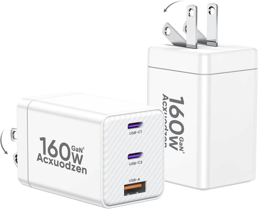 [2 Pack] USB C Charger Block 160W, 3-Port GaN Super Fast Charger, Dual 65W Type C Charging Block, Foldable QC3.0 Laptop Fast Charging for MacBook, iPhone, Samsung, Galaxy, iPad, Android, White