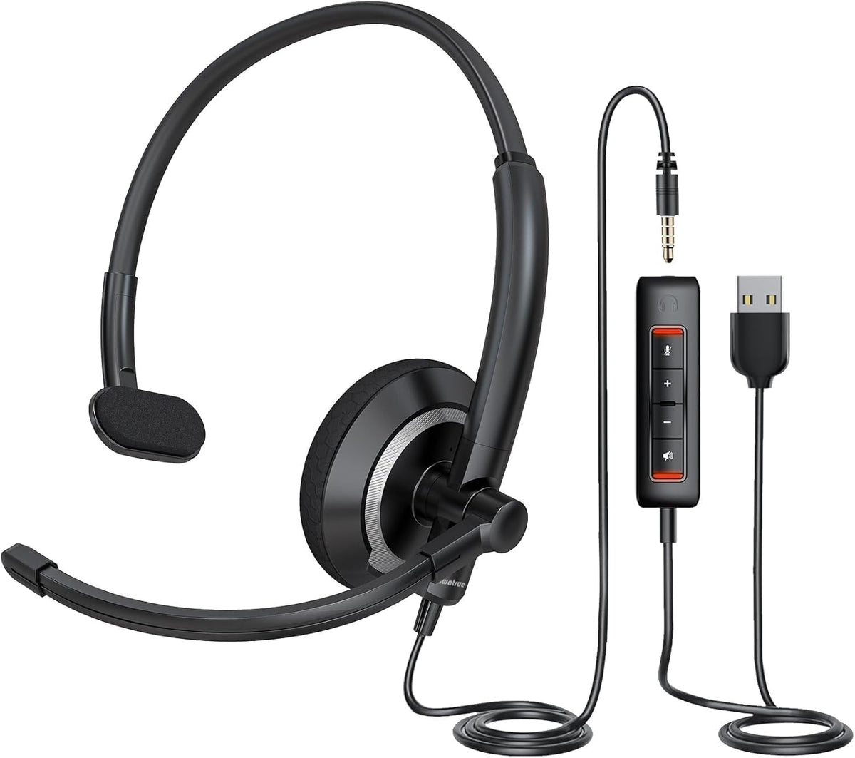 USB Headset with Microphone for PC - Lightweight Single-Ear Computer Headset, Crystal Clear Sound & Comfort Fit, Flexible Steel Headband (3.5mm+USB)
