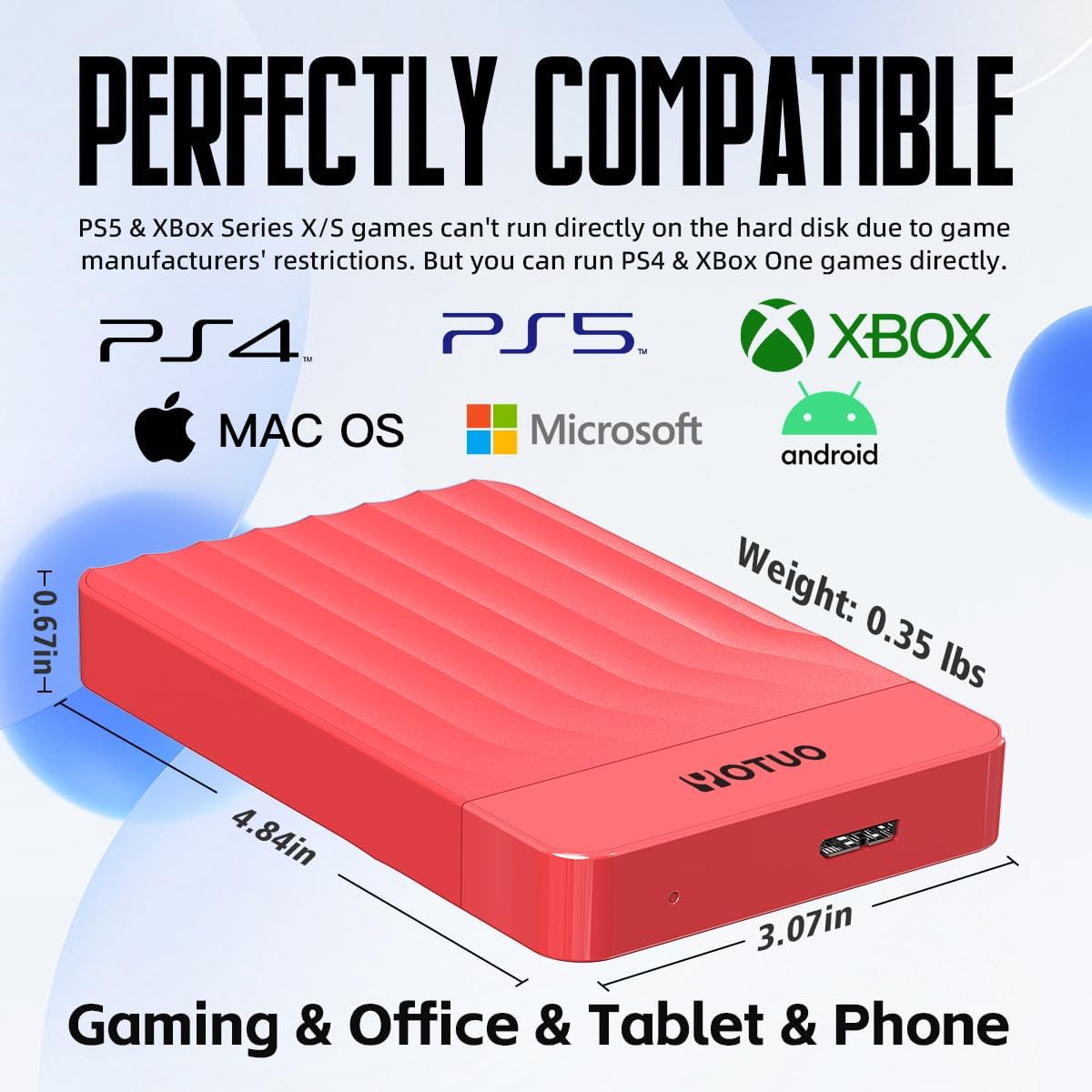 Portable External Hard Drive Storage Expansion Mobile HDD USB 3.0 for PC, Mac, Desktop, Laptop, PS4, PS5, Xbox One X/S, Xbox 360, Xbox Series X/S, Office & Game (Red, 500GB)