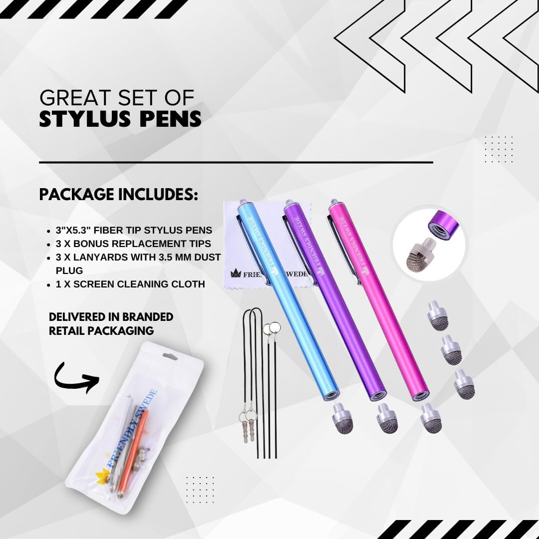 The Friendly Swede Mesh Tip Stylus Pen for Touchscreen — 3-Pack Micro-Knit Capacitive Stylus Pen for iPad & iPhone with 3 Replaceable Fiber Tips, Elastic Lanyards & Screen Cleaning Cloth