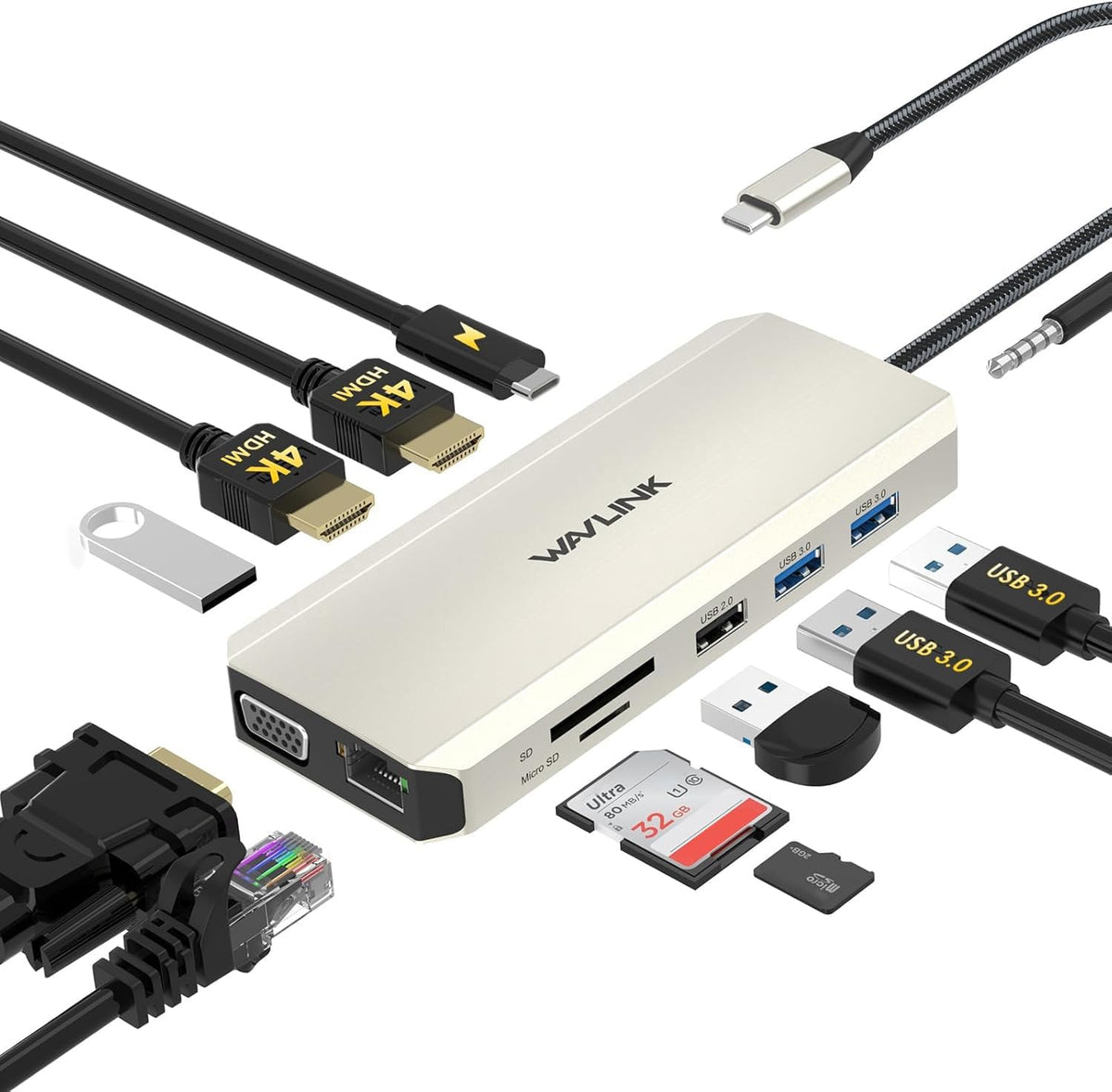 WAVLINK USB C Docking Station Dual Monitor for Dell HP Surface Lenovo MacBook Laptop, Triple Display USB-C Hub Multiport Adapter Dongle- 2 HDMI, VGA, Ethernet,100W PD, 5 USB, SD/TF Card Reader,Audio