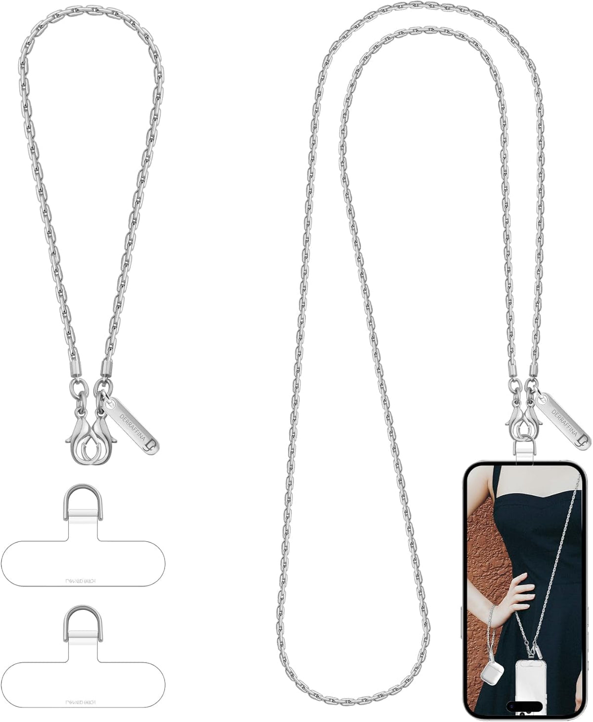 Metal Phone Chain, Crossbody Detachable Phone Lanyard with 1*Wrist Strap & 2* Tether Tabs for iPhone and Smartphones (Pale Silver,Extend)