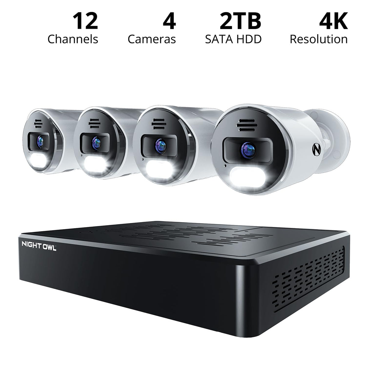 Night Owl Power Over Ethernet 12 Channel NVR Video Home Security Camera System with (4) Wired IP 4K HD Indoor/Outdoor Deterrence Cameras and 2TB Hard