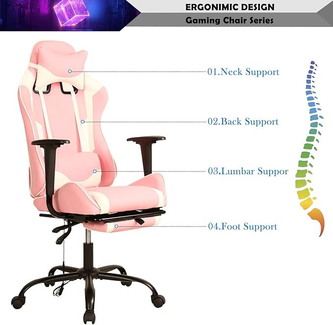 Pink Gaming Chair with Footrest Big and Tall Gaming Chairs for Adults Leather Computer Desk Chair for High Back Height Adjustable Reclining Gamer Chair with 360° Swivel Wheels &amp Lumbar Support