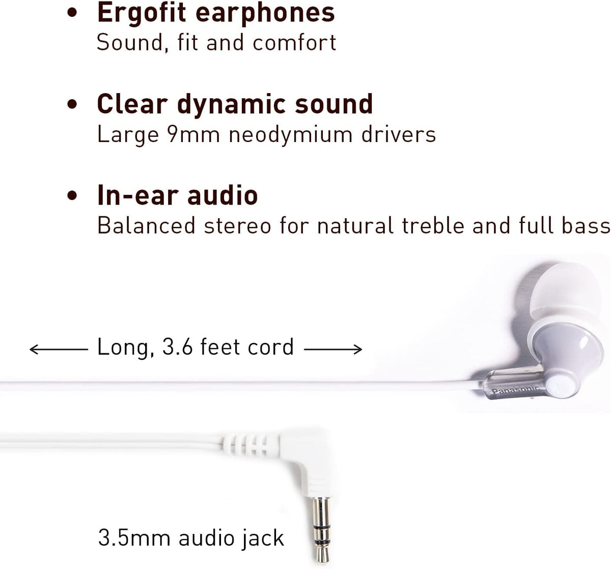 Panasonic ErgoFit Wired Earbuds, 3.5mm Jack In-Ear Headphones Wired with Dynamic Crystal-Clear Sound and Soft Ergonomic Custom-Fit Earpieces (S/M/L), for Phones and Laptops - RP-HJE120-S (Silver)