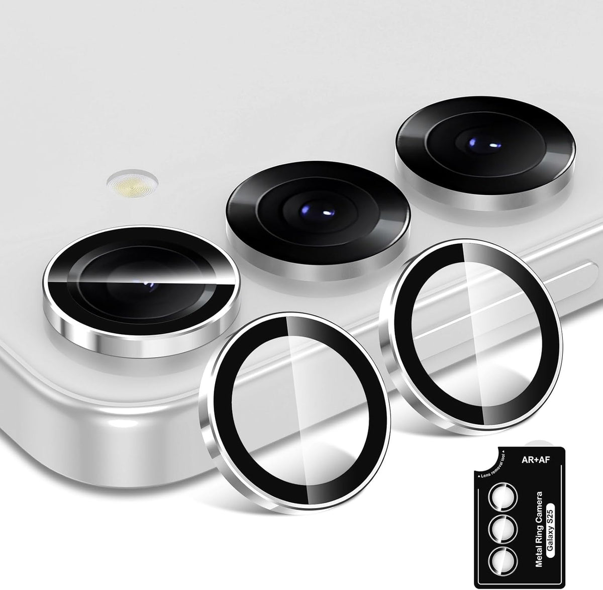for Samsung Galaxy S25 Plus Camera Lens Protector, Individual Metal Ring Tempered Glass Lens Cover, [Strong Adsorption] Scratch Resistant Ultra-Thin HD Clear Lens Cover, 1 Set-Slivery Ring