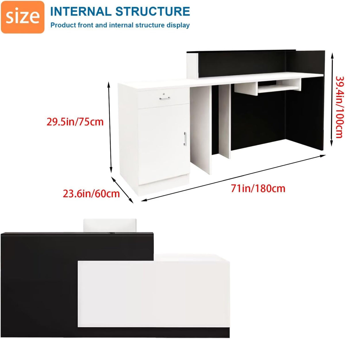 Reception Desk with Counter Modern Checkout Counter with Lockable Drawer Keyboard Tray Receptionist Desk for Office Salon Reception Table U Left 71inch/180cm