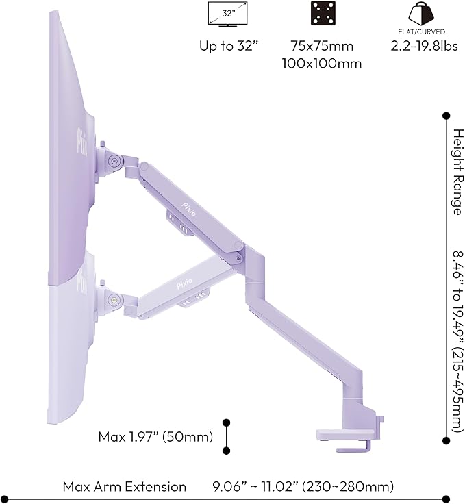 Pixio PXC248WAVE Purple 24 inch 200Hz Refresh Rate FHD 1080p Resolution 1500R Curve Fast VA Panel 1ms GTG Response Time HDR Curved Gaming Monitor and PS1S Wave Purple Single Monitor Arm
