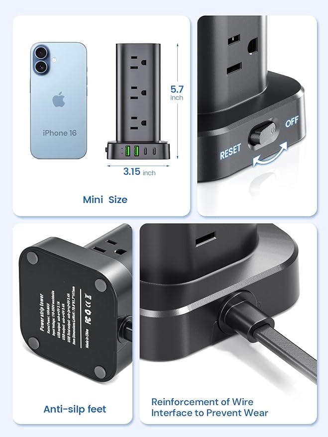 Tower Power Strip with Surge Protector - 12 AC Outlets & 4 USB Ports (2 USB-C), 6FT Extension Cord, Charging Station Tower for Home Office Dorm Travel (Black)