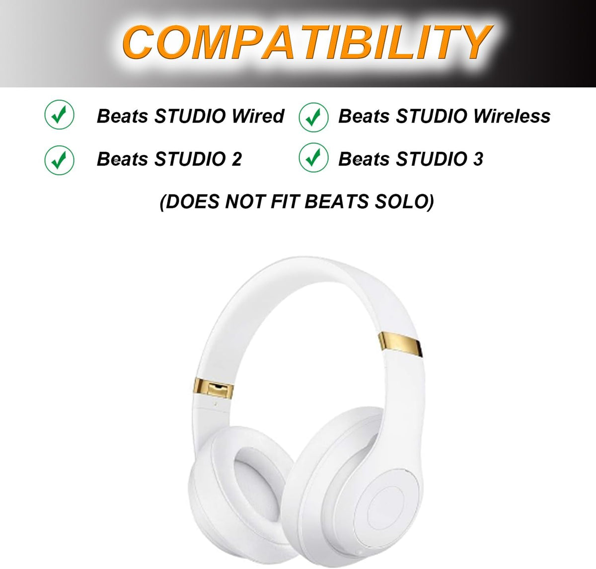 Replacement Ear Pads Cushions for Beats Studio（B0501、B0500），Beats Studio 2 & Studio 3 Wired & Wireless Headphones, Earpads with Soft Protein Leather, Noise Isolation Memory Foam - White
