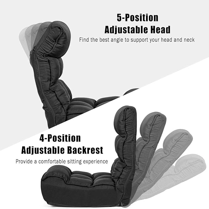 DORTALA Foldable Floor Chair for Adults Memory Foam Gaming Chair w/ 5-Position Adjustable Head and Back Support Indoor Seat for Bedroom Living Room Gaming Room Black