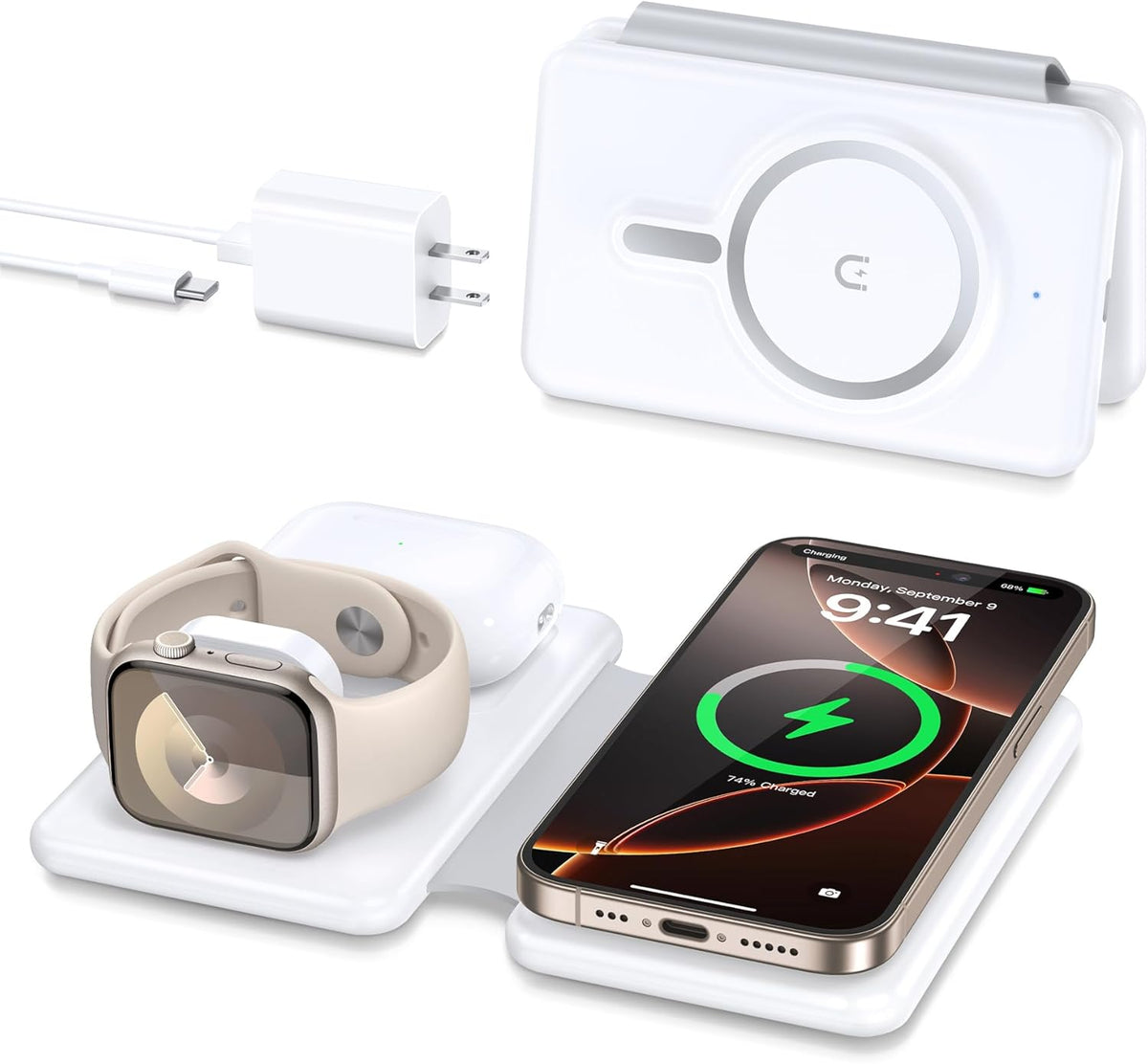 Magnetic Wireless Charger for iPhone: 3 in 1 Travel Charging Station for Apple Devices for iPhone 16 15 14 13 12 Pro Max Plus - Foldable Charging Pad for Apple Watch Series & Airpods 4 3 2 Pro