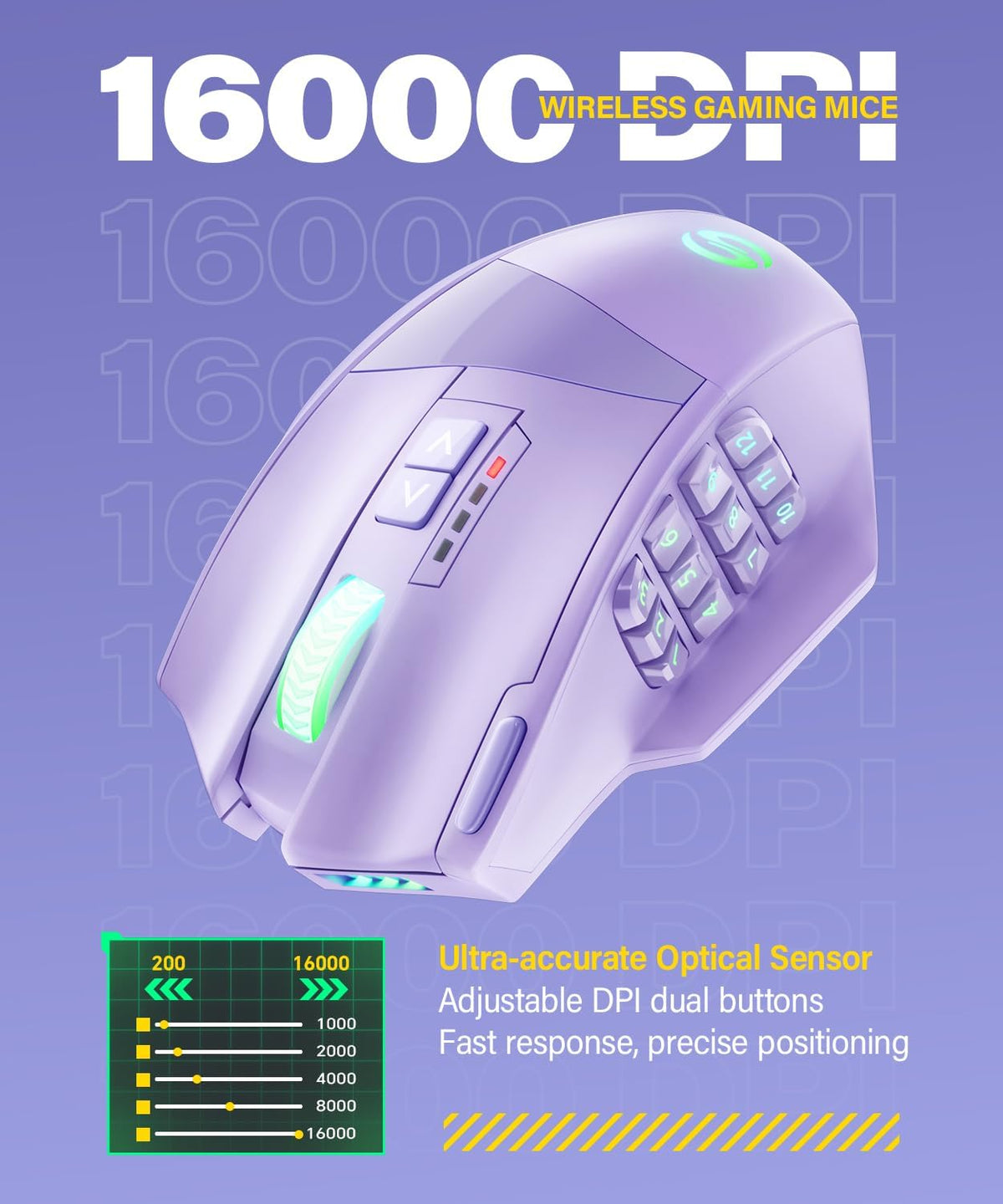 UtechSmart Venus Pro Wireless MMO Gaming Mouse, 16,000 DPI Optical Sensor, Wired/Wireless Dual Modes, 16M Chroma RGB Lighting, 16 Programmable Buttons, Ergonomic Design, Up to 70H, Purple