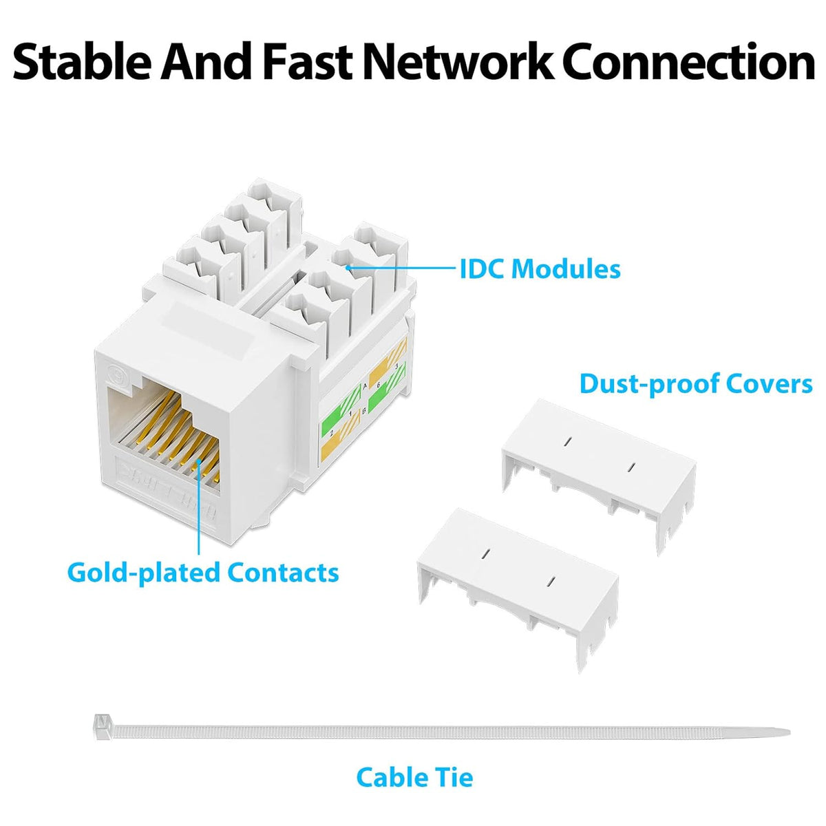 iwillink 10Gbps Cat6 Keystone Jack and Punch-Down Stand, 50-Pack, RJ45 Ethernet Keystone Jacks, 90-Degree UTP Modular Punch Down Keystone Jack Adapter, White