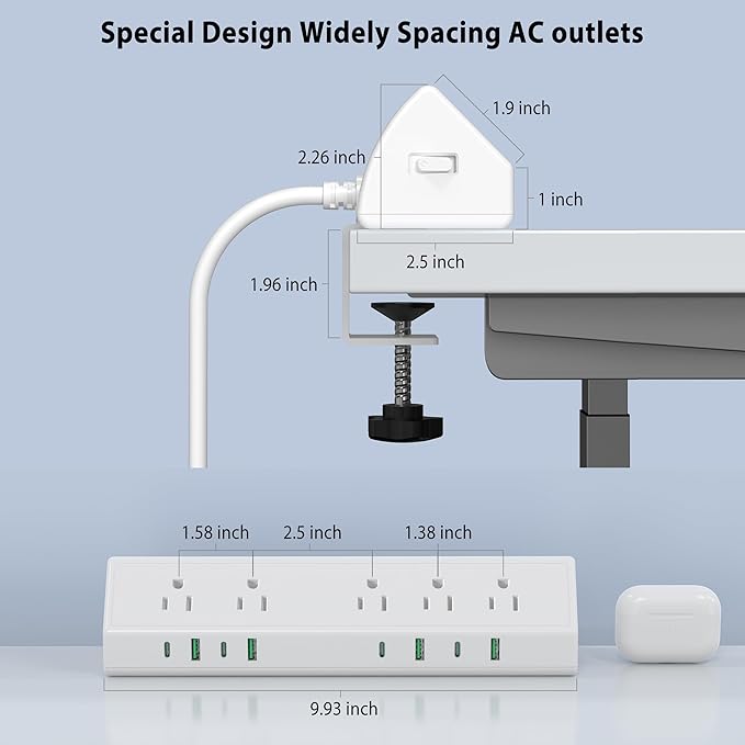 Jgstkcity Desk Clamp Power Strip USB C 45W,8 USB,20FT Cable,White