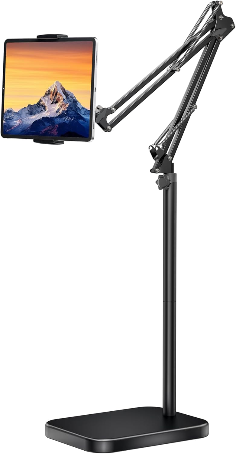 Tablet Floor Stand with 11lb Stable Base - Adjustable Height Stretchable Arm Swivel Holder Mount, Compatible with iPad Pro Air Mini 12.9/9.7, Kindle, Galaxy Tab, Cell Phones (4.7''-13'')