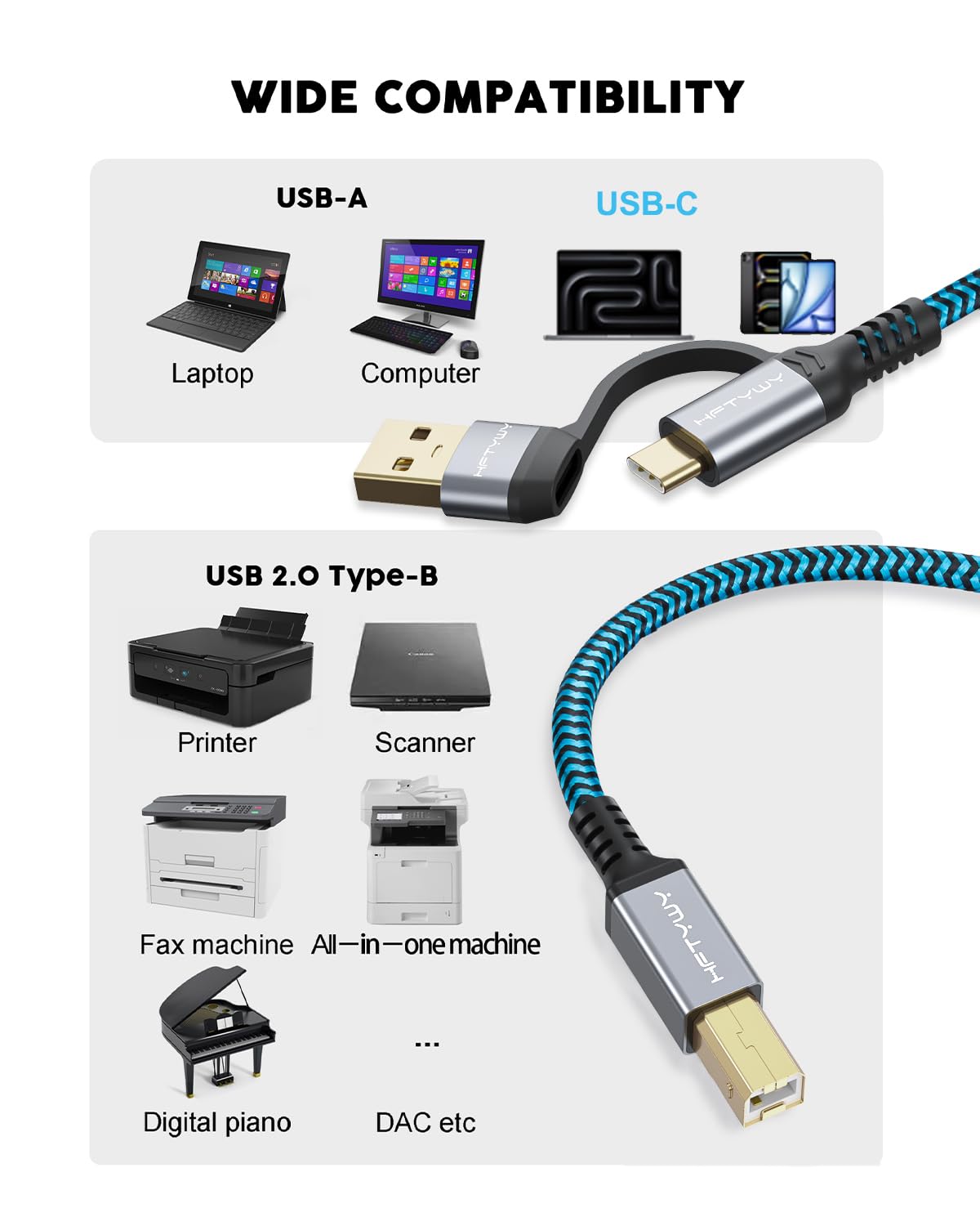 Hftywy 10 2-in-1 Printer Cable FT, Type C and USB A to B Printer Cable Compatible with MacBook Pro, HP, Canon, Epson