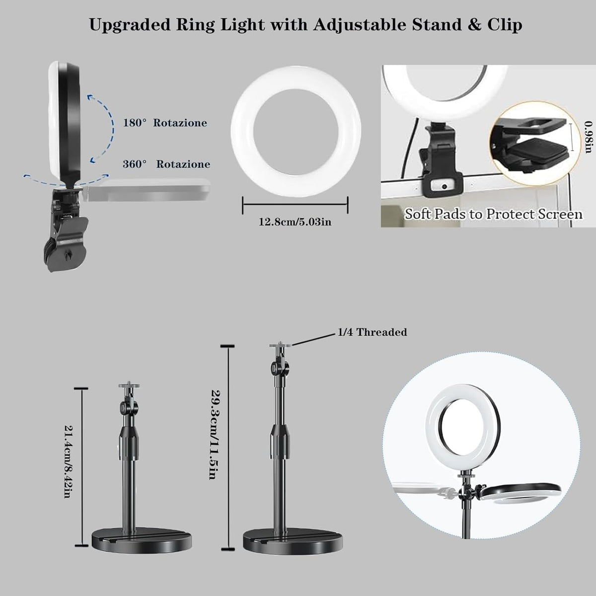 Amcuke 10W 3000K-6500K Ring Light with Stand, Desk Ring Light with Clip Upgraded Travel Desktop Light for Phone Selfie