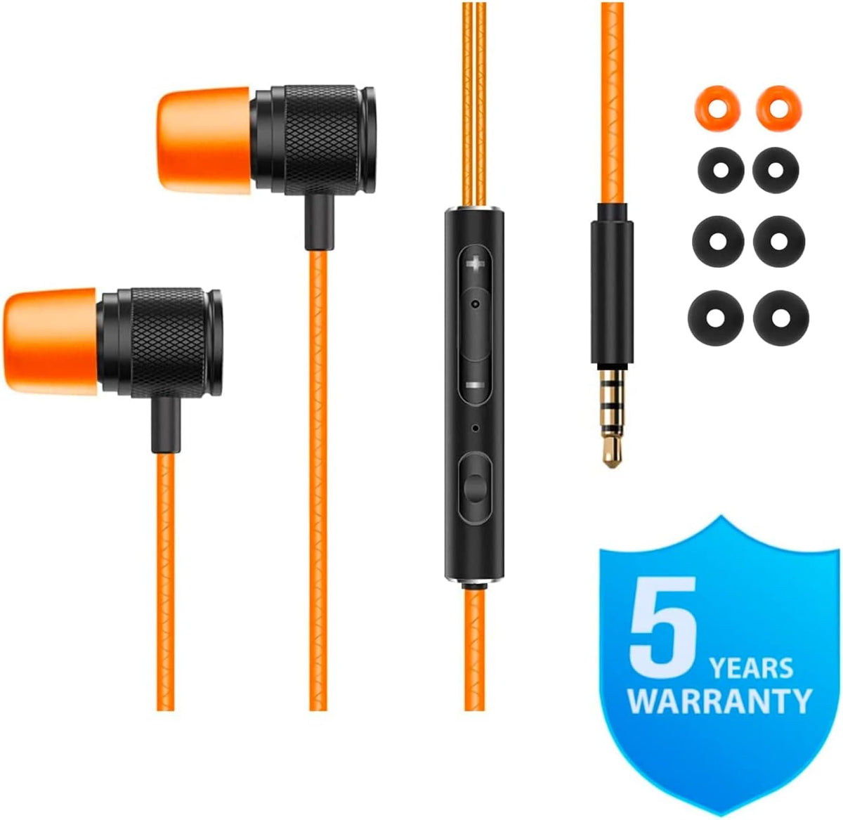 LUDOS Ultra Wired Earbuds in-Ear Headphones, 5 Years Warranty, Earphones with Microphone, Noise Isolating Ear Buds, Memory Foam for iPhone, Samsung, School Students, Kids, Women, Small Ears - Orange