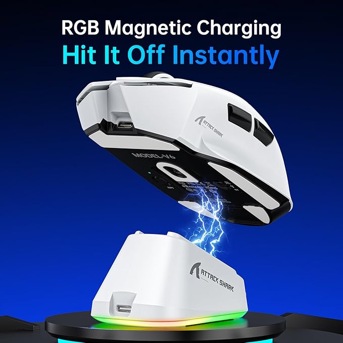 ATTACK SHARK V6 Wireless Gaming Mouse with RGB Charging Dock 25K DPI PAW3311 Sensor 1K Polling Tri-Mode Ergonomic PC Mice 5 Programmable Bottons Cloud-Based AI Driver for Win/MacWhite