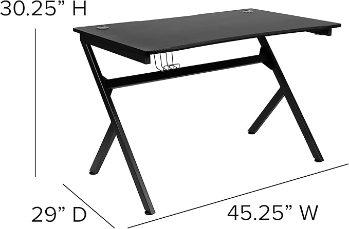 BizChair Black Gaming Desk with Cup Holder/Headphone Hook/2 Wire Management Holes &amp Black Reclining Back/Arms Gaming Chair with Footrest