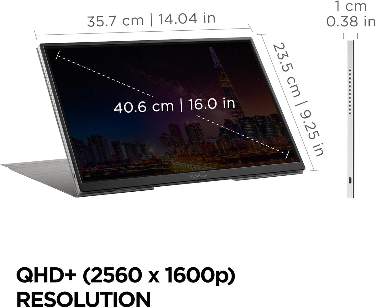 ViewSonic VG1656-2K 16 Inch WQXGA 1600p IPS Portable Monitor with 2 Way Powered 65W USB C, and Smart Cover with Built-in Stand