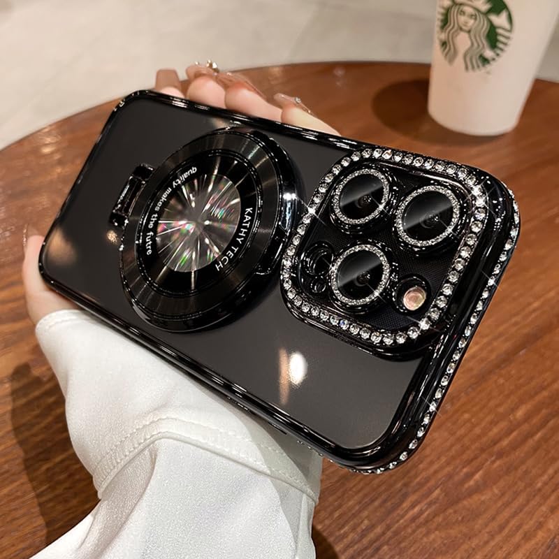 Magnetic Kickstand (Glitter Lens Protector ) Case for iPhone 15 14 13 12 Pro Max (Compatible with Magsafe ) Sparkling Diamond Cover Glitter Shiny Rhinestone Cases (Black,for iPhone 14 Pro Max)