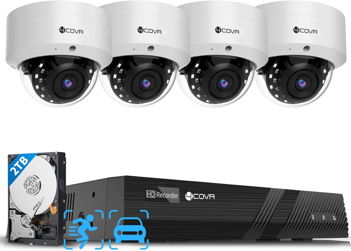 4COVR NVR Security Camera System, 4Pcs 5MP IK10 Vandal-Proof Dome PoE IP Camera with Mic, AI Human Vehicle Detection, 8CH 8MP H.265 NVR with 2TB HDD, IP67 Home Weatherproof Outdoor, LY54AX5M0804
