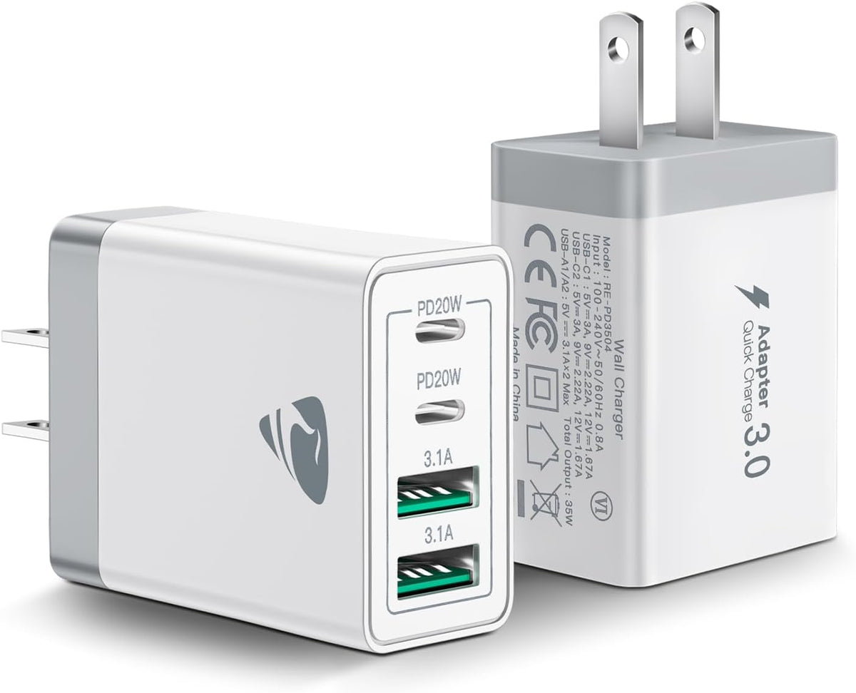 [2-Pack] USB C Wall Charger, 40W Fast USB C Charger Block, 4-Port PD Power Adapter + QC Wall Plug Multiport Type C Charging Block Cube Compatible with iPhone 16 15 14 13 12 11 Pro Max XR XS 8, Samsung