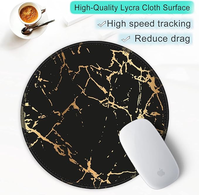 ITNRSIIET Round Mouse Pad with Stitched Edge Premium-Textured Waterproof Non-Slip Rubber Base Desktop Protection Mat Diameter 8.7 inches, Gold Texture Black Marble