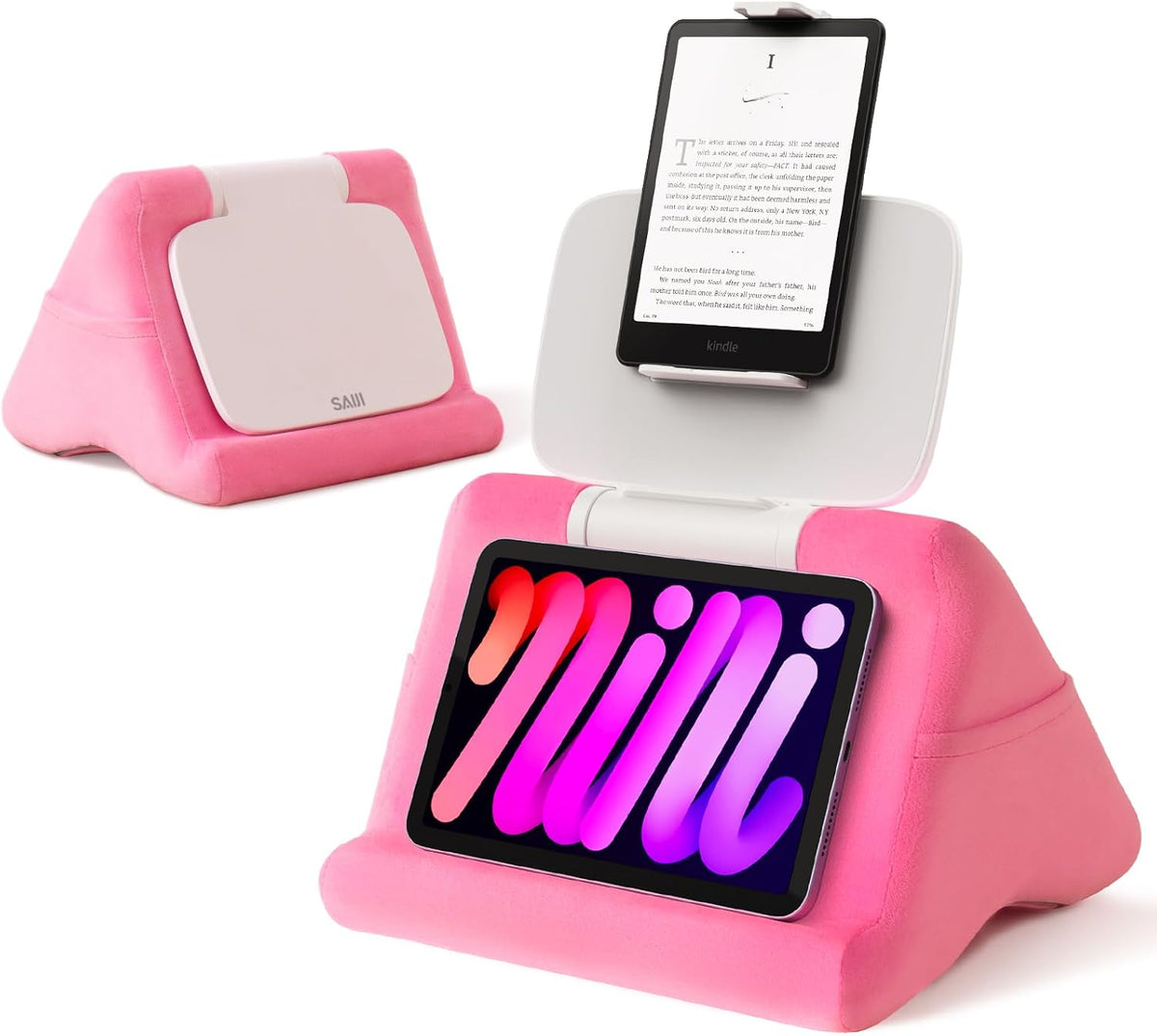 SAIJI Tablet Kindle Stand Pillow - iPad Holder for Lap Reading in Bed, with Lifter & Angle Adjustable Multi-Function Clip for 4-13" Tablets, iPad, Kindle, Phone, Pink