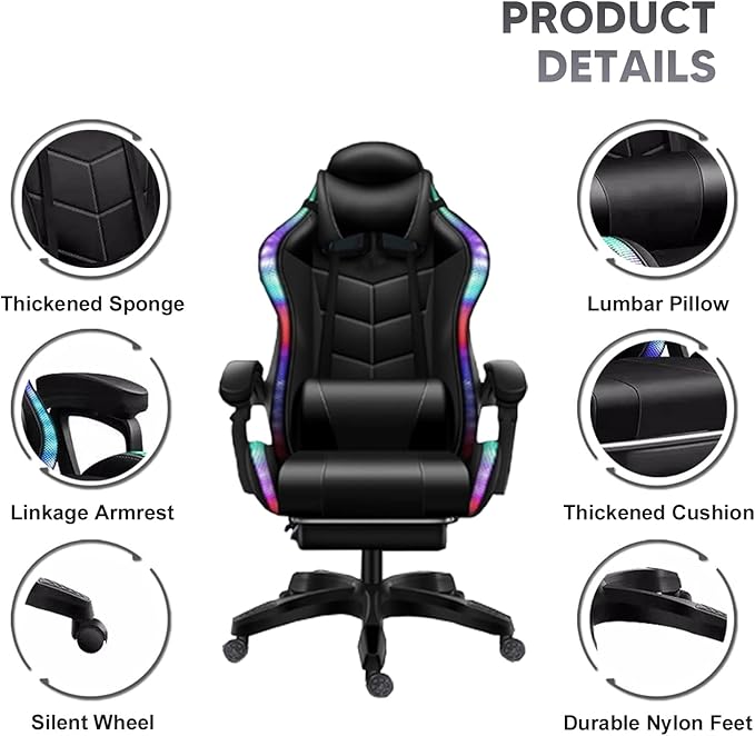 LED Gaming Chair Ergonomic Massage Racing Computer Chairs High Back Video Game Chairs with Speakers PU Leather with Footrest Headrest Lumbar Support Office Desk Chair for Adults TeensPink