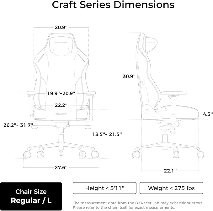 DXRacer Craft L Video Gaming Chair for Adults Ergonomic Office Reclining Computer Chair with Magnetic Head Pillow and Lumbar Support Racing Style Height Adjustable (EPU Leatherette Black)