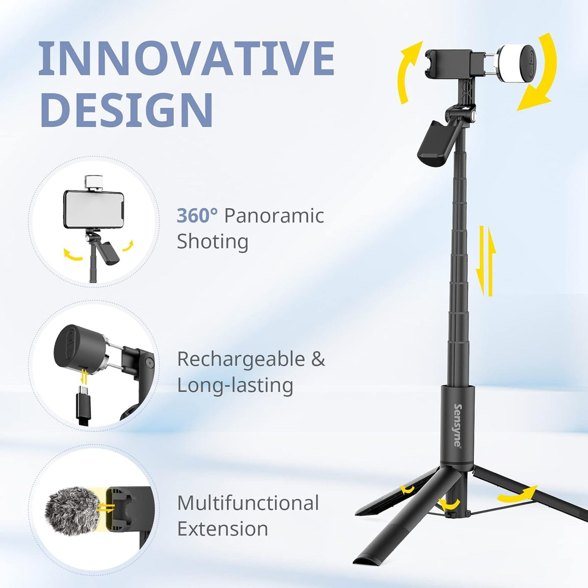 Sensyne Selfie Stick with Light, Phone Tripod with 360° Rotatable Handle Compatible with Cellphones for Selfies/Photography/Video Calls/Live Stream/Content Creating (Black)