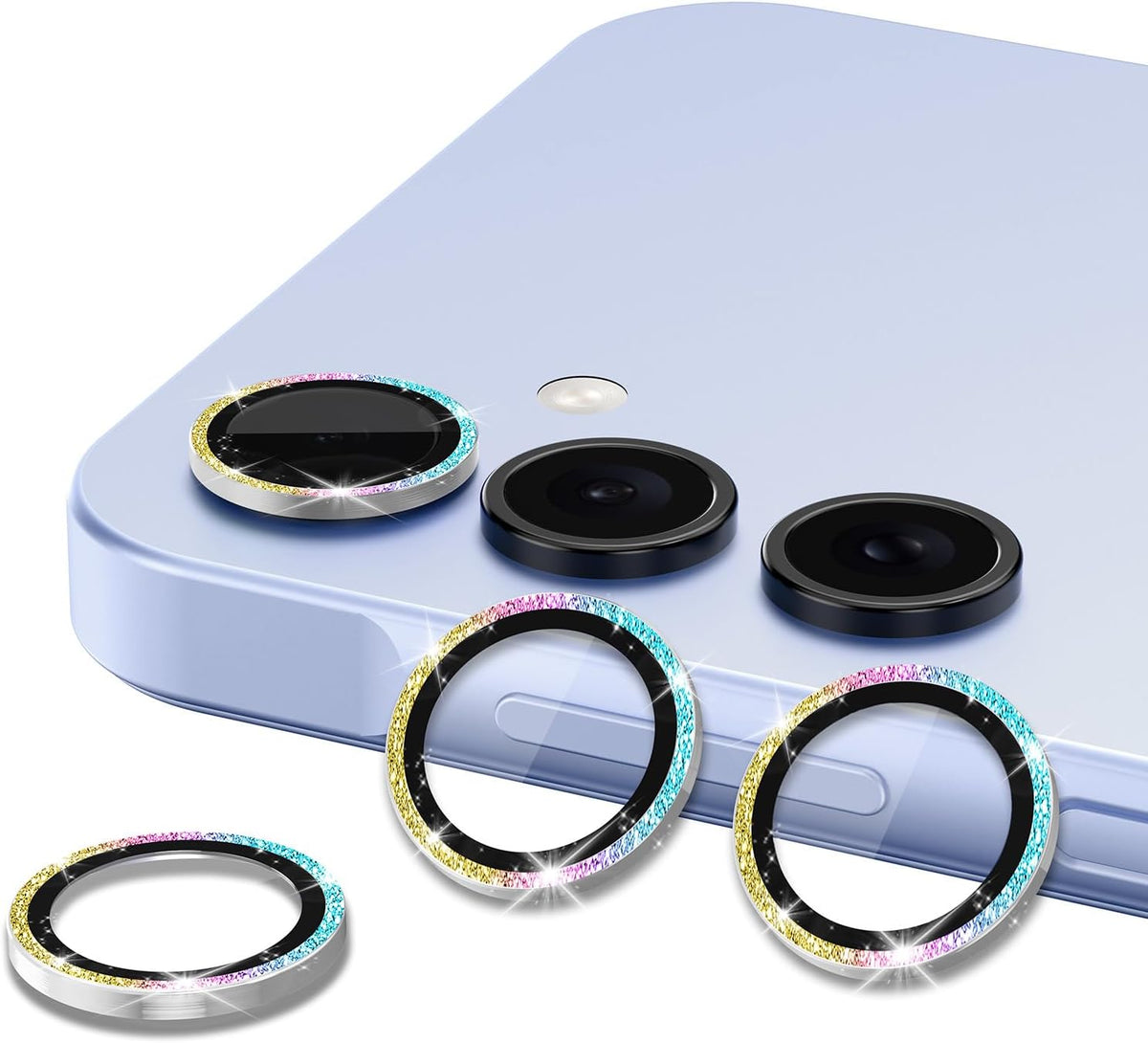for Samsung Galaxy A35 5G Camera Lens Protector, Individual Metal Ring Tempered Glass Lens Cover, [Strong Adsorption] Scratch Resistant Ultra-Thin HD Clear Lens Cover, 1 Set-Colorful Sparkly