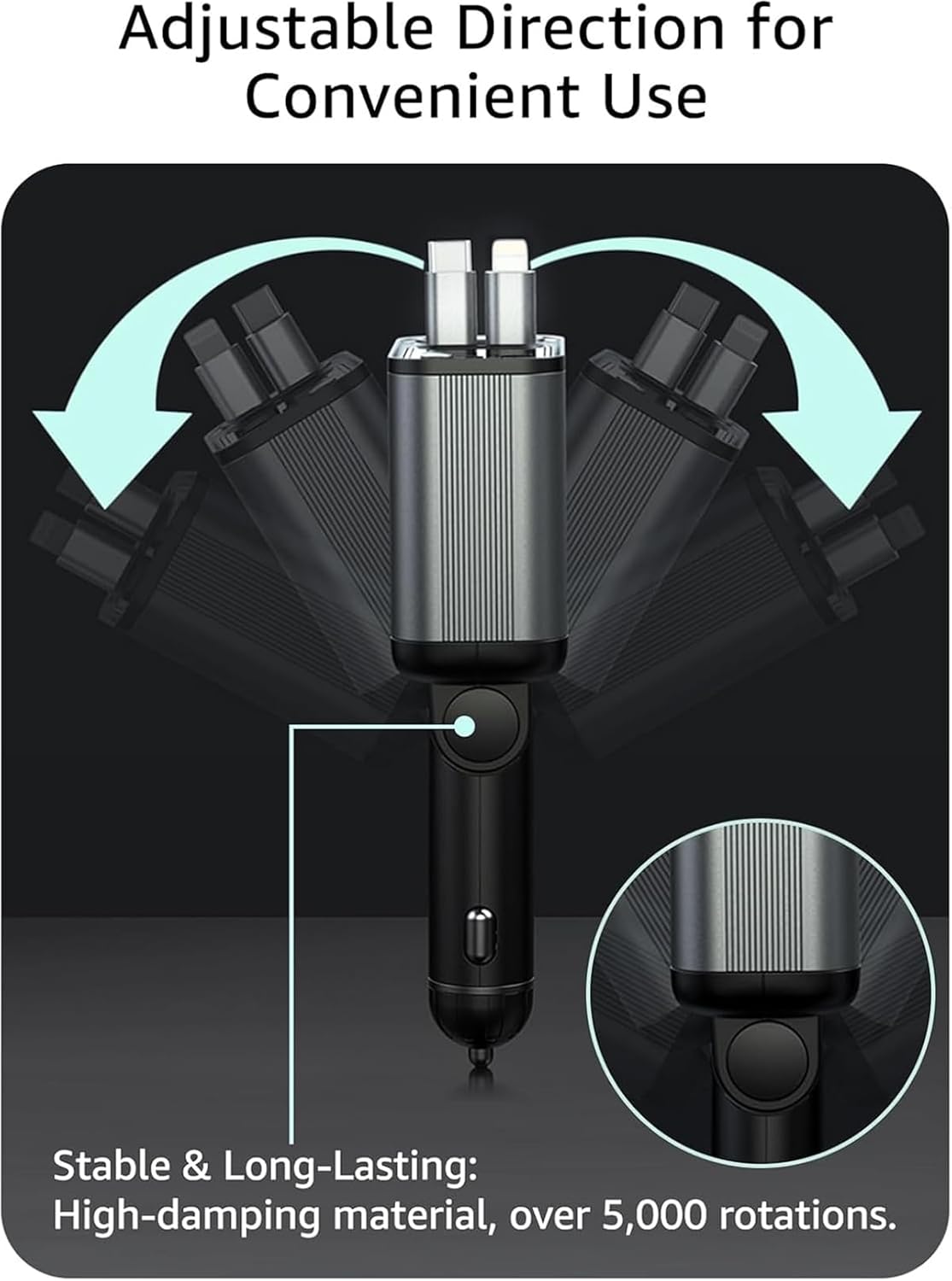 Retractable Car Charger USB C,107W Type C Car Charger Fast Charging with Dual Retractable Cable and USB Ports, Compatible with iPhone 16/15/14/13,S25/24/23/22, Pixel 9/8/7