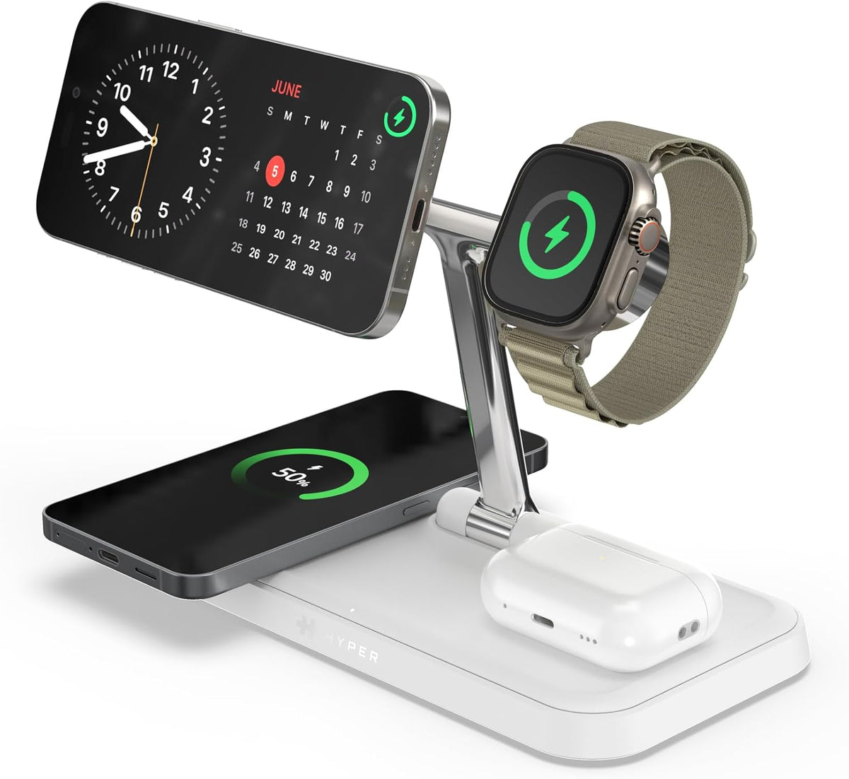 HyperJuice 4-in-1 Wireless Charger Qi2 Magnetic Stand — Fast Wireless Charger for iPhone, Apple Watch, Airpods & Any Qi-Compatible Device — Compact, Adjustable, and Foldable Qi2