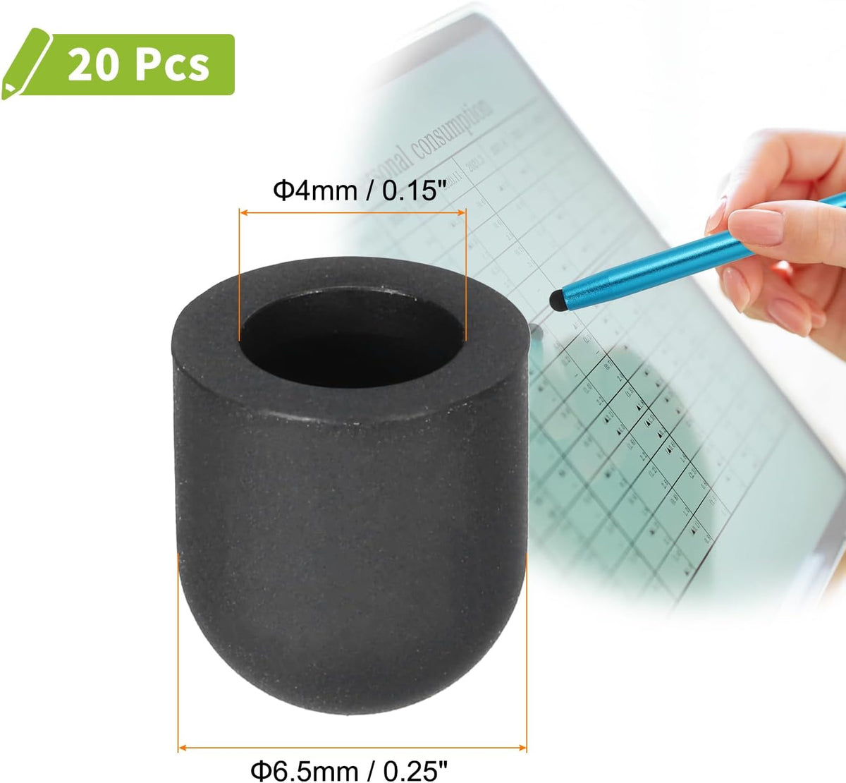 MECCANIXITY 20Pcs Replacement Stylus Pen Tips 6.5mm Conductive Capacitive Touch Screen Pens Tips Silicone Rubber, Black