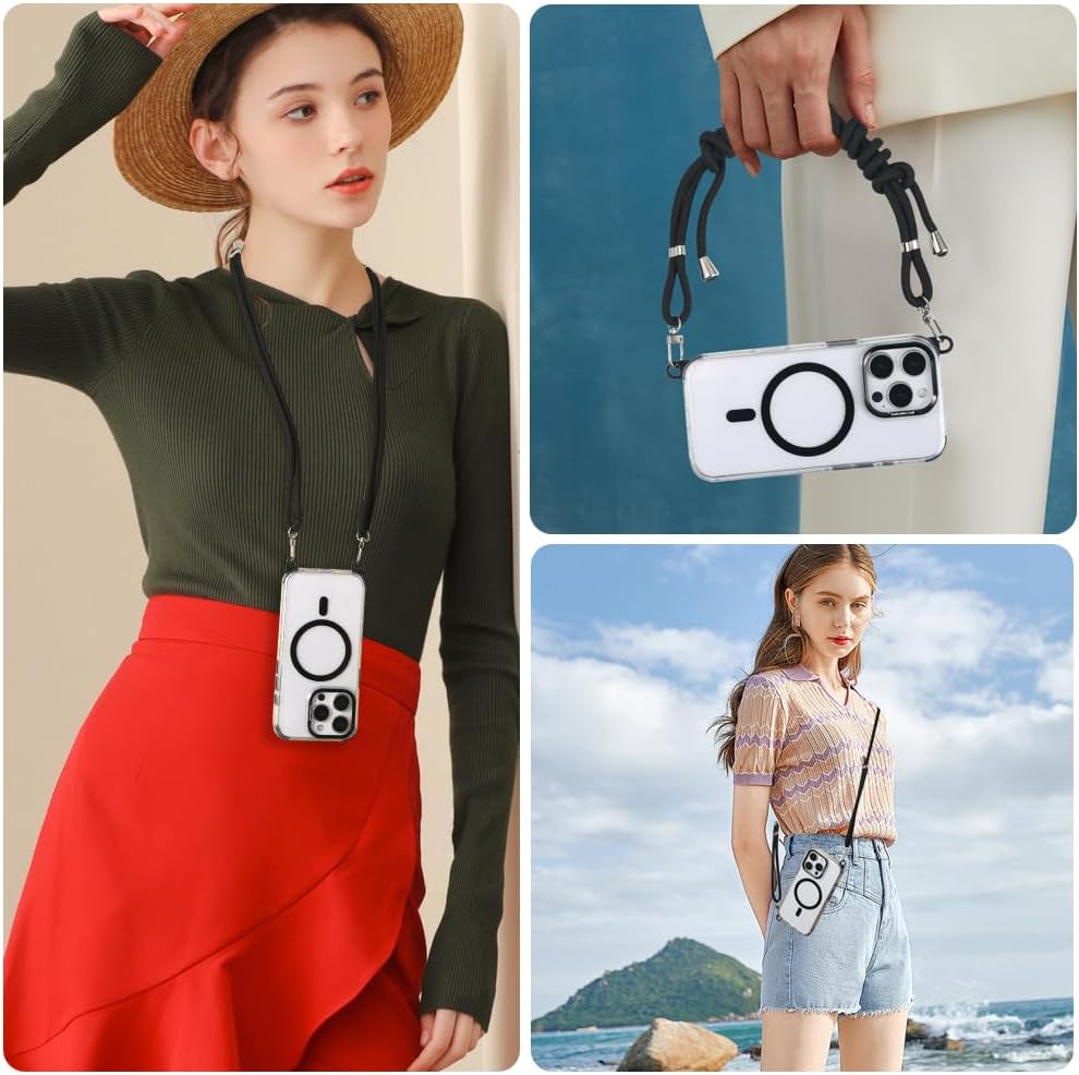 for iPhone 14 Pro Case with 62.99 inch Lanyard, Classic Clear&Black Magnetic Phone Case, Drop&Shockproof Protection Cases, Phone Lanyard for Around The Neck, Compatible with Magnet Accessory