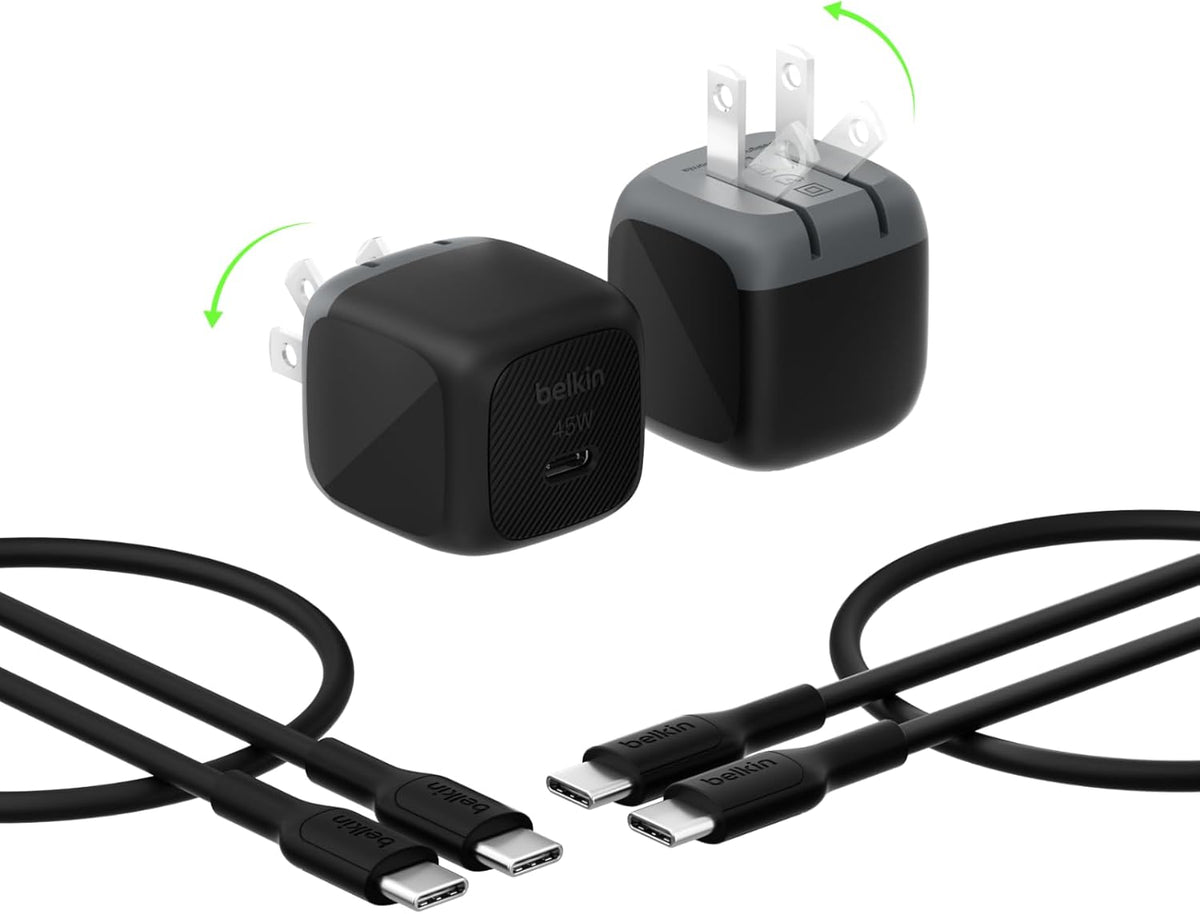 Belkin USB C Charger Block 45W (2 Pack) - USB C Cable Included - PD3.1 PPS Fast Charging - Samsung Galaxy S25, S24, S23, S22, Apple iPhone 16, iPhone 15, Google Pixel 9, Nintendo Switch, etc - Black