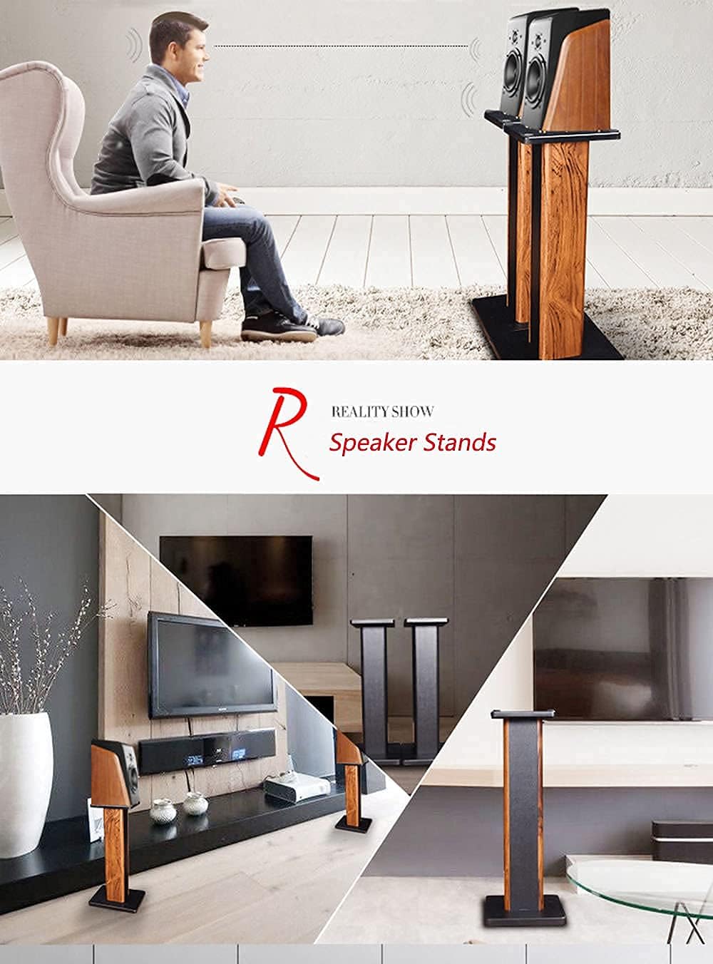 Speaker Stands Wood Grain Universal Floor Speaker Stands 24 Inch Floor Stand Mount Heavy Duty Surround Sound Speaker Stands for Home Theater with Sand Filling Tuning Function- 1 Pair