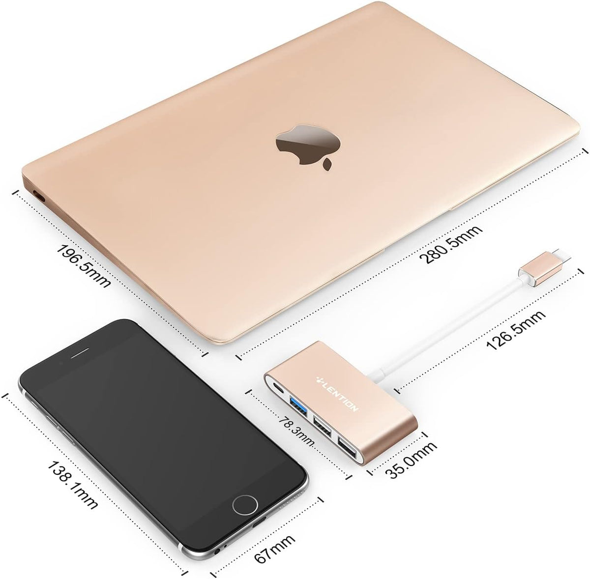 LENTION 4-in-1 USB-C Hub with Type C, USB 3.0, USB 2.0 for 2024-2016 MacBook Pro (M1-M4), iPhone 16-15 New Mac Air/Surface, ChromeBook, More, Multiport Charging & Connecting Adapter (C13, Gold)