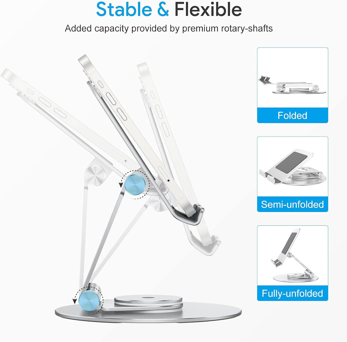 OMOTON Swivel Tablet Stand for iPad with 360 Rotating Base, Foldable Adjustable Holder for Drawing, Compatible with iPad Pro/Air/Mini and More, Silver
