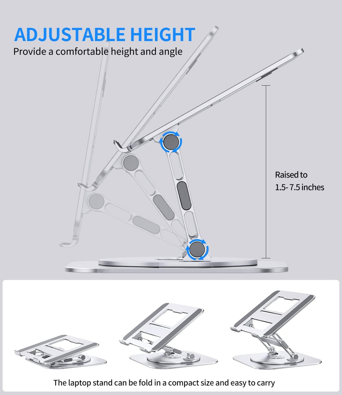 Adjustable Laptop Stand with 360 Rotating Base, Stable Computer Stand for Laptop Ergonimic Foldable Laptop Riser for Desk Compatible with MacBook Pro/Air Notebook up to 16 Inches, Silver
