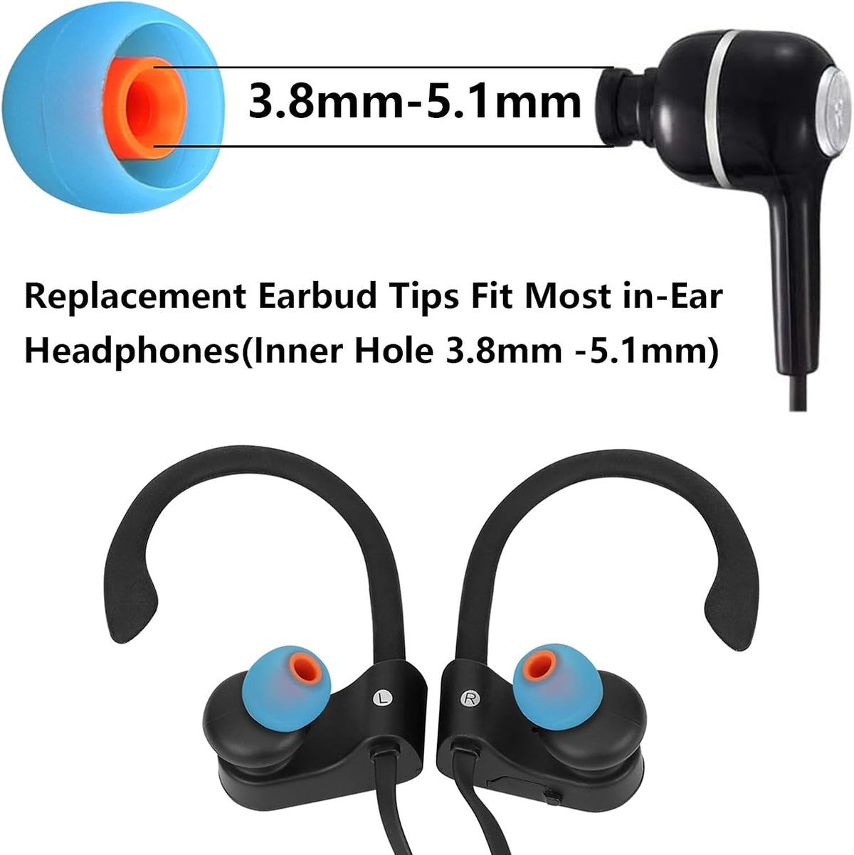 Earbud Replacement Tips Silicone Earbud Tips Earbud Caps Fit for in-Ear Headphones (Inner Hole 3.8mm -5.1mm) Earbud Rubber Tips Ear Tips 9 Pairs S/M/L