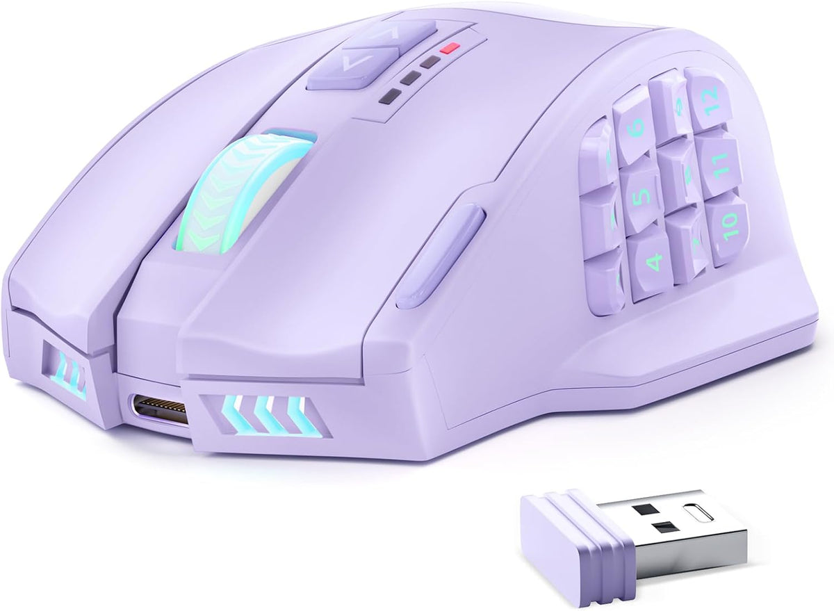 UtechSmart Venus Pro Wireless MMO Gaming Mouse, 16,000 DPI Optical Sensor, Wired/Wireless Dual Modes, 16M Chroma RGB Lighting, 16 Programmable Buttons, Ergonomic Design, Up to 70H, Purple