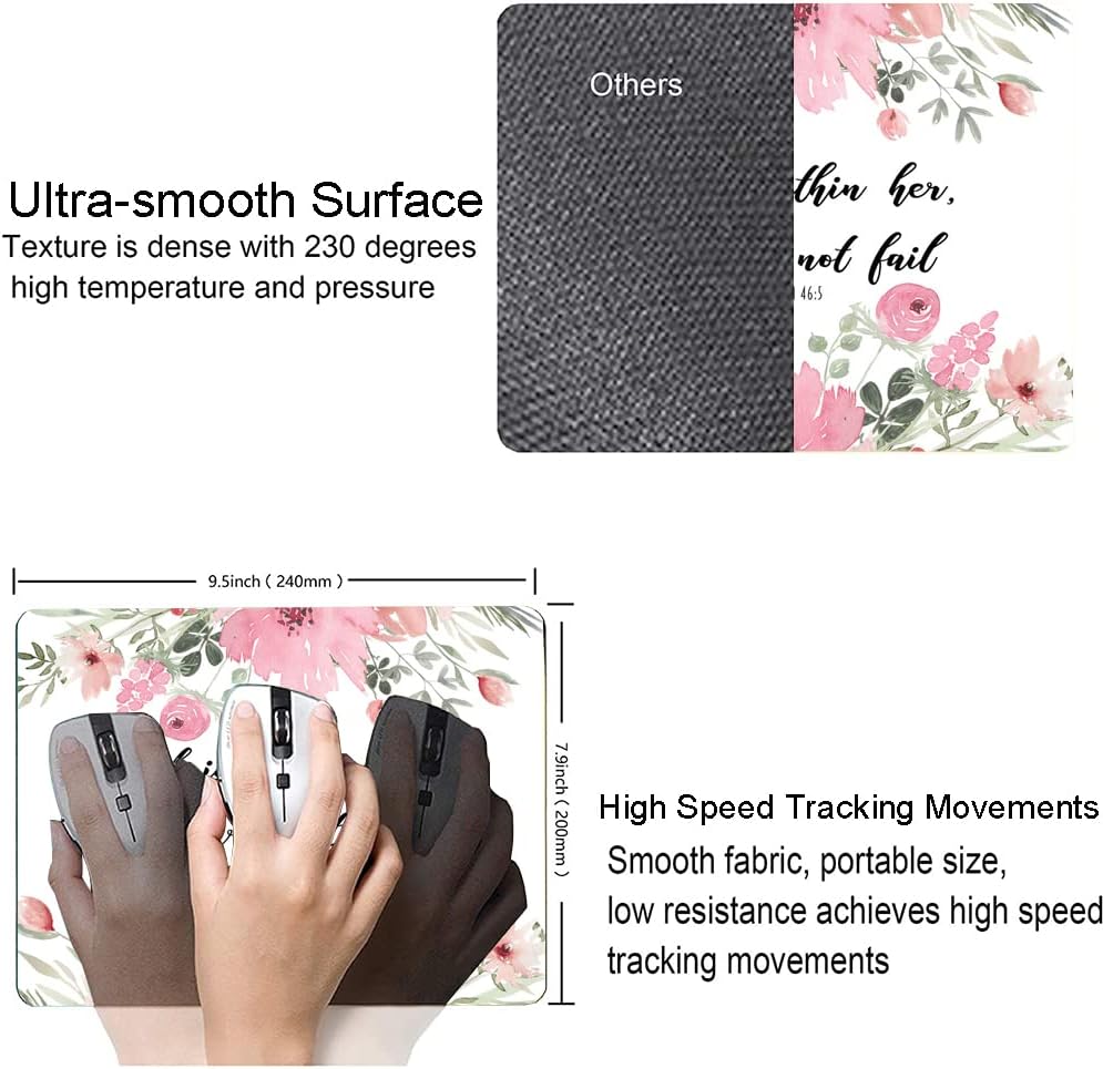 Mouse Pad, Cute Inspirational Quote with Floral Mouse Pad for Women, Washable Square Cloth Mousepad for Office Laptop, Non-Slip Rubber Computer Mouse Pads for Wireless Mouse, Psalm 46:5